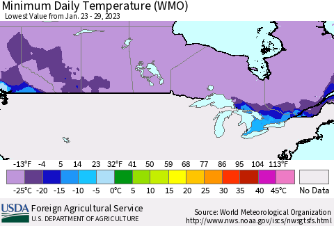 Canada Minimum Daily Temperature (WMO) Thematic Map For 1/23/2023 - 1/29/2023