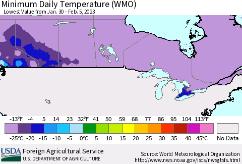 Canada Minimum Daily Temperature (WMO) Thematic Map For 1/30/2023 - 2/5/2023