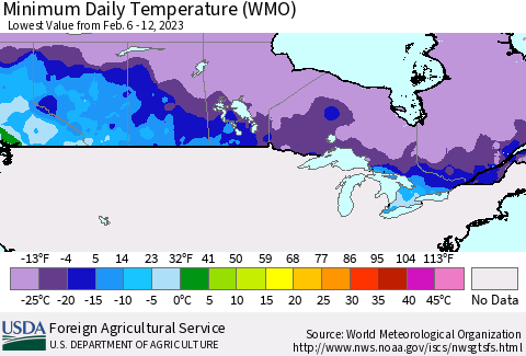 Canada Minimum Daily Temperature (WMO) Thematic Map For 2/6/2023 - 2/12/2023