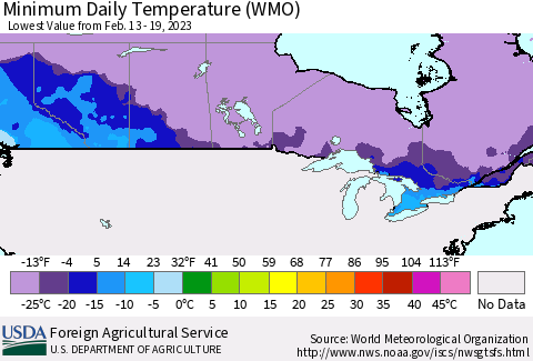 Canada Minimum Daily Temperature (WMO) Thematic Map For 2/13/2023 - 2/19/2023