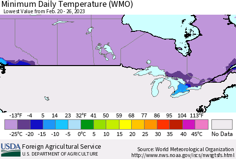 Canada Minimum Daily Temperature (WMO) Thematic Map For 2/20/2023 - 2/26/2023