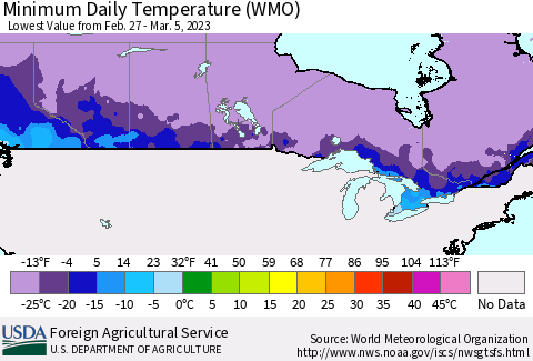 Canada Minimum Daily Temperature (WMO) Thematic Map For 2/27/2023 - 3/5/2023