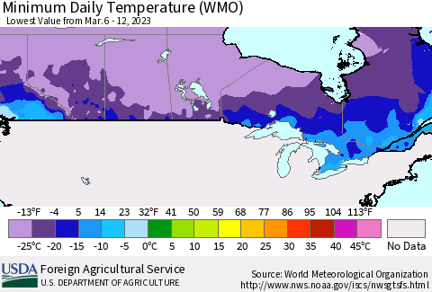 Canada Minimum Daily Temperature (WMO) Thematic Map For 3/6/2023 - 3/12/2023