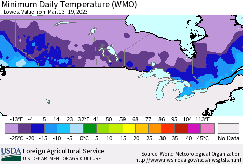 Canada Minimum Daily Temperature (WMO) Thematic Map For 3/13/2023 - 3/19/2023