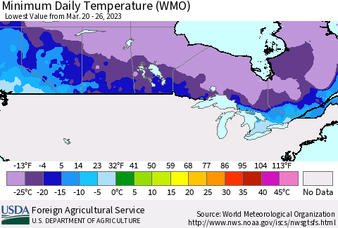 Canada Minimum Daily Temperature (WMO) Thematic Map For 3/20/2023 - 3/26/2023