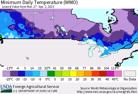 Canada Minimum Daily Temperature (WMO) Thematic Map For 3/27/2023 - 4/2/2023
