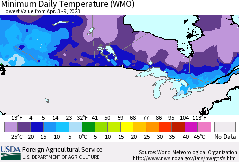 Canada Minimum Daily Temperature (WMO) Thematic Map For 4/3/2023 - 4/9/2023