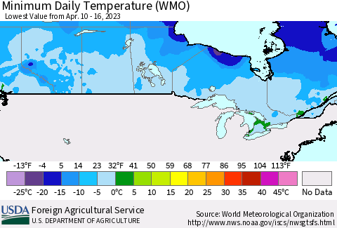 Canada Minimum Daily Temperature (WMO) Thematic Map For 4/10/2023 - 4/16/2023