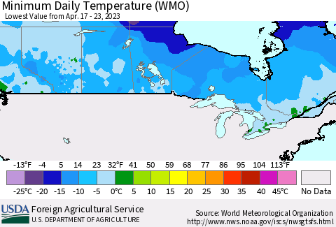 Canada Minimum Daily Temperature (WMO) Thematic Map For 4/17/2023 - 4/23/2023