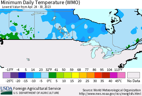 Canada Minimum Daily Temperature (WMO) Thematic Map For 4/24/2023 - 4/30/2023