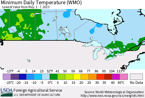 Canada Minimum Daily Temperature (WMO) Thematic Map For 5/1/2023 - 5/7/2023