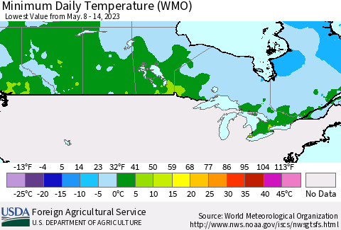 Canada Minimum Daily Temperature (WMO) Thematic Map For 5/8/2023 - 5/14/2023