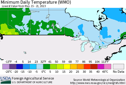 Canada Minimum Daily Temperature (WMO) Thematic Map For 5/15/2023 - 5/21/2023