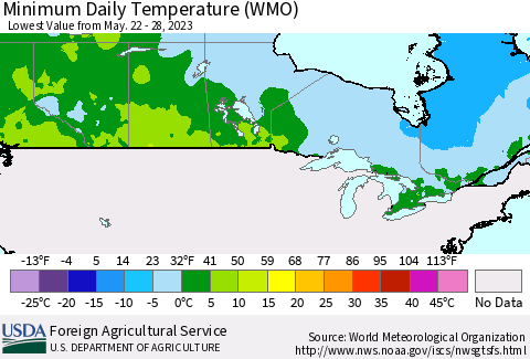 Canada Minimum Daily Temperature (WMO) Thematic Map For 5/22/2023 - 5/28/2023
