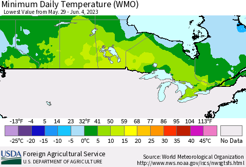 Canada Minimum Daily Temperature (WMO) Thematic Map For 5/29/2023 - 6/4/2023