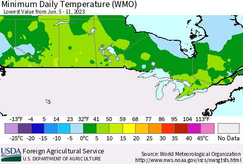 Canada Minimum Daily Temperature (WMO) Thematic Map For 6/5/2023 - 6/11/2023