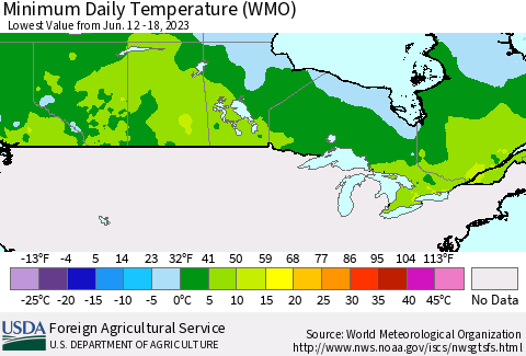 Canada Minimum Daily Temperature (WMO) Thematic Map For 6/12/2023 - 6/18/2023