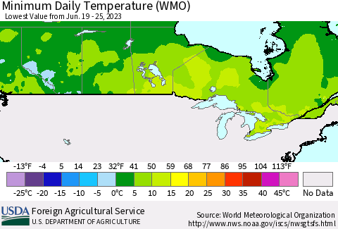 Canada Minimum Daily Temperature (WMO) Thematic Map For 6/19/2023 - 6/25/2023