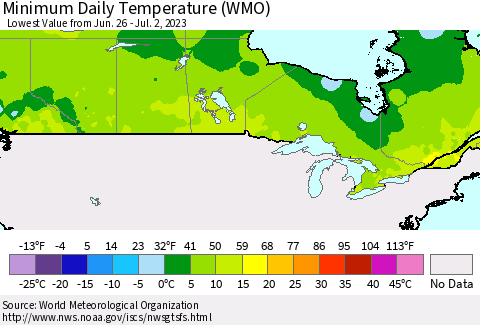 Canada Minimum Daily Temperature (WMO) Thematic Map For 6/26/2023 - 7/2/2023