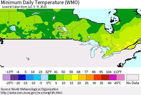 Canada Minimum Daily Temperature (WMO) Thematic Map For 7/3/2023 - 7/9/2023