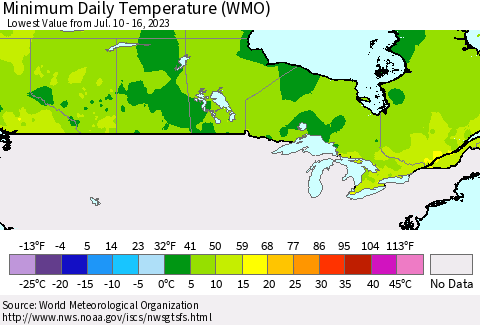 Canada Minimum Daily Temperature (WMO) Thematic Map For 7/10/2023 - 7/16/2023