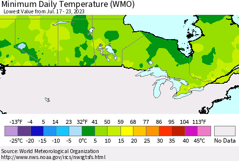 Canada Minimum Daily Temperature (WMO) Thematic Map For 7/17/2023 - 7/23/2023