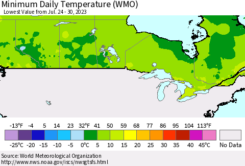 Canada Minimum Daily Temperature (WMO) Thematic Map For 7/24/2023 - 7/30/2023
