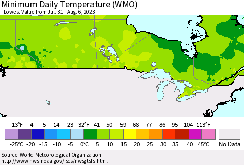 Canada Minimum Daily Temperature (WMO) Thematic Map For 7/31/2023 - 8/6/2023