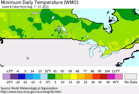 Canada Minimum Daily Temperature (WMO) Thematic Map For 8/7/2023 - 8/13/2023