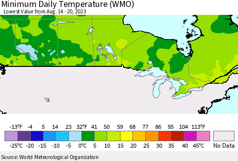 Canada Minimum Daily Temperature (WMO) Thematic Map For 8/14/2023 - 8/20/2023