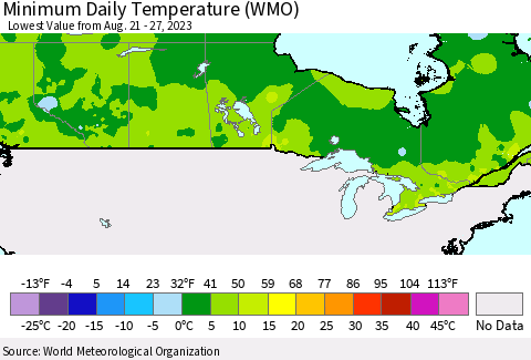 Canada Minimum Daily Temperature (WMO) Thematic Map For 8/21/2023 - 8/27/2023