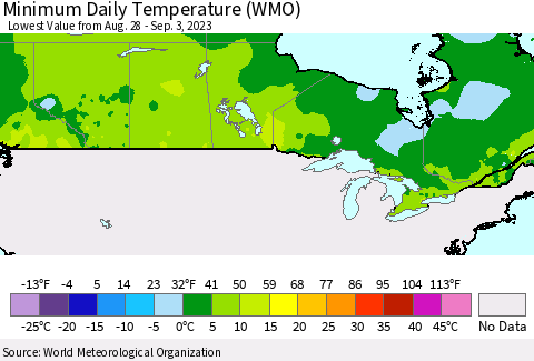 Canada Minimum Daily Temperature (WMO) Thematic Map For 8/28/2023 - 9/3/2023