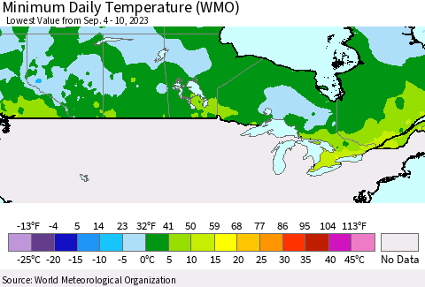 Canada Minimum Daily Temperature (WMO) Thematic Map For 9/4/2023 - 9/10/2023