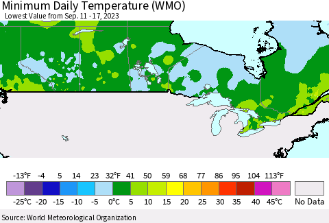 Canada Minimum Daily Temperature (WMO) Thematic Map For 9/11/2023 - 9/17/2023