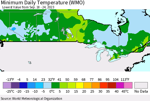 Canada Minimum Daily Temperature (WMO) Thematic Map For 9/18/2023 - 9/24/2023