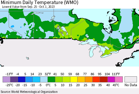 Canada Minimum Daily Temperature (WMO) Thematic Map For 9/25/2023 - 10/1/2023
