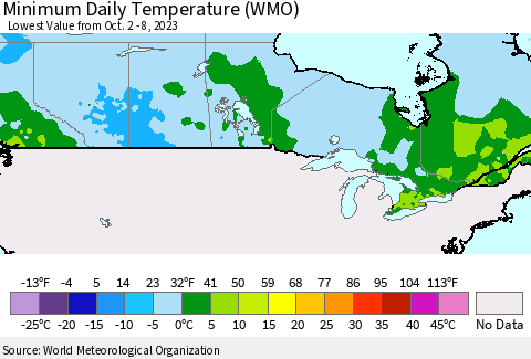 Canada Minimum Daily Temperature (WMO) Thematic Map For 10/2/2023 - 10/8/2023