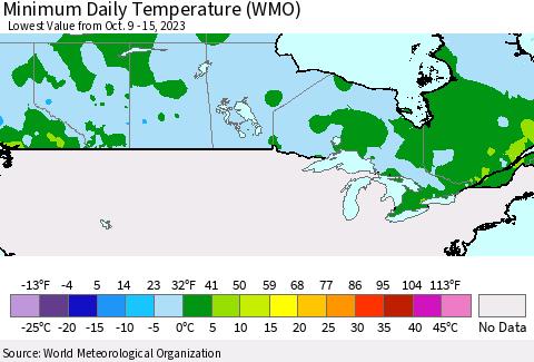 Canada Minimum Daily Temperature (WMO) Thematic Map For 10/9/2023 - 10/15/2023