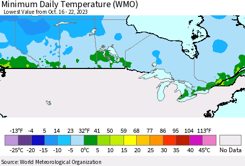 Canada Minimum Daily Temperature (WMO) Thematic Map For 10/16/2023 - 10/22/2023