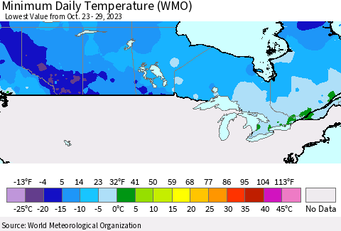 Canada Minimum Daily Temperature (WMO) Thematic Map For 10/23/2023 - 10/29/2023