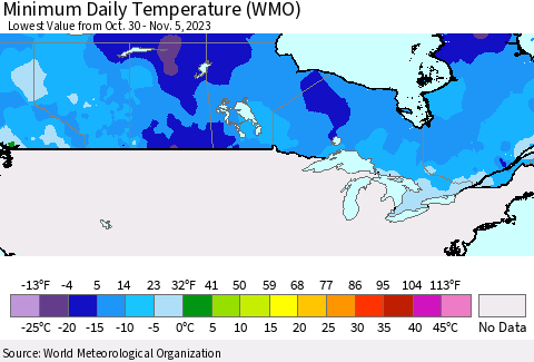 Canada Minimum Daily Temperature (WMO) Thematic Map For 10/30/2023 - 11/5/2023