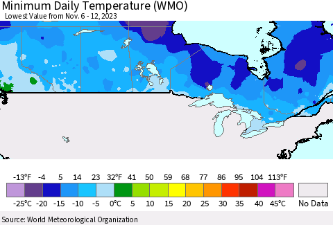 Canada Minimum Daily Temperature (WMO) Thematic Map For 11/6/2023 - 11/12/2023