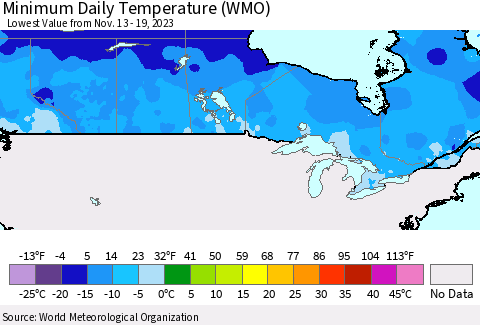 Canada Minimum Daily Temperature (WMO) Thematic Map For 11/13/2023 - 11/19/2023