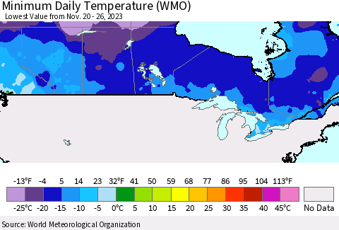 Canada Minimum Daily Temperature (WMO) Thematic Map For 11/20/2023 - 11/26/2023