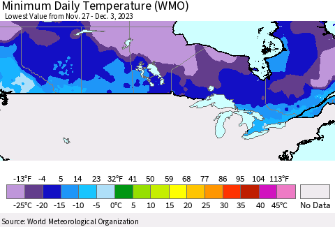 Canada Minimum Daily Temperature (WMO) Thematic Map For 11/27/2023 - 12/3/2023