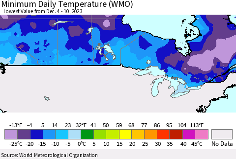 Canada Minimum Daily Temperature (WMO) Thematic Map For 12/4/2023 - 12/10/2023