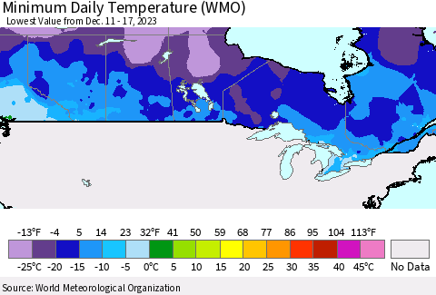 Canada Minimum Daily Temperature (WMO) Thematic Map For 12/11/2023 - 12/17/2023