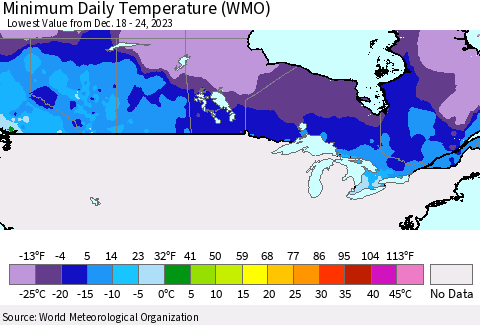 Canada Minimum Daily Temperature (WMO) Thematic Map For 12/18/2023 - 12/24/2023