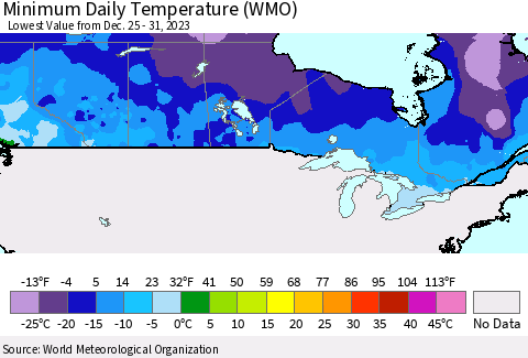 Canada Minimum Daily Temperature (WMO) Thematic Map For 12/25/2023 - 12/31/2023