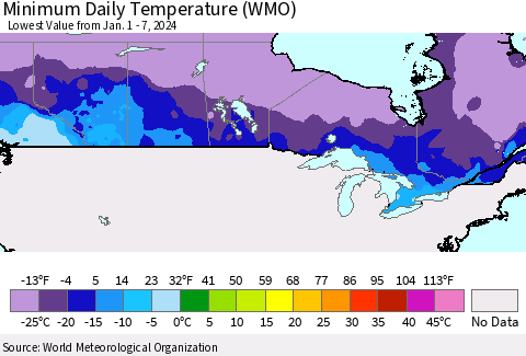 Canada Minimum Daily Temperature (WMO) Thematic Map For 1/1/2024 - 1/7/2024